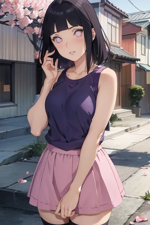 masterpiece, absurdres, hinata\(boruto\), 1girl, solo,mature female, tanktop, high waist short skirt, looking at viewer, (falling petals), perfect composition, detailed lips, big breast, beautiful face, body propotion, blush, (pink lips), long hair,  purple eyes,  soft gaze,  super realistic, detailed, photoshoot, realistic face and body, thighhighs