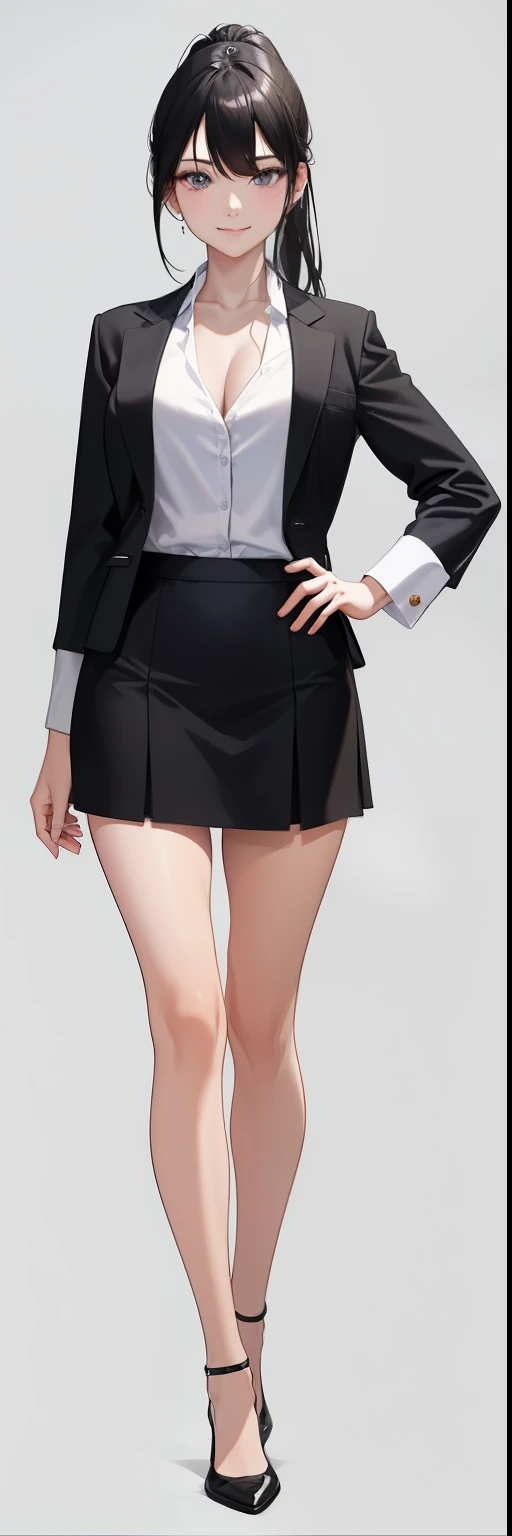 aldult、AS-aldult、a smile、White shirt、(Large Breasts)、Standing、Full body portrait,Hip skirt,business attire,working women,(Masterpiece Best Quality:1.2),White background,Face the lens,high ponytail,Black Blazer,Bare chest,ditch,Show your chest,