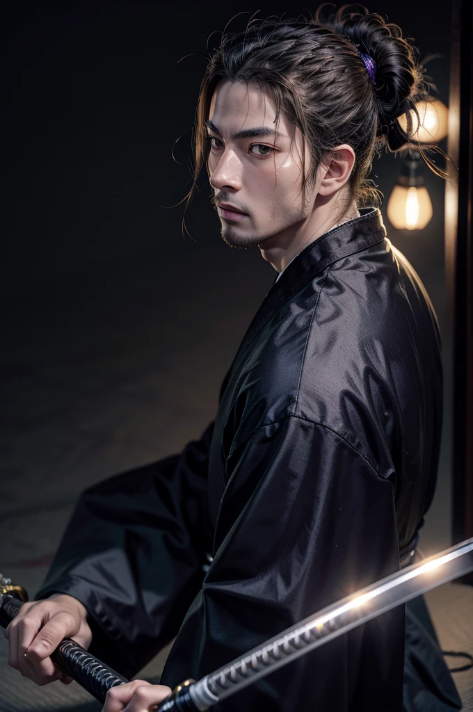 (best quality), high quality, very high resolution, (ultra detailed), 8k, (hyper realistic),Ray Tracing, a man in a purple kimono holding a japanese sword, ronin, narrow eyes, Almond-shaped eyes, glaring, New York, night, neon light, samurai hairstyle, Musashi Miyamoto