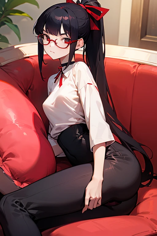 an 18 year old Japanese girl who stands at a height of 175 cm. She has pretty and elegant features, befitting that of royalty. She has long, straight black hair which she keeps tied in a ponytail with a red ribbon, leaving the bangs and sides to frame her face. She's wearing red square-rim glasses. Her eyes are crimson red. She's wearing a medium-length black cotton plaid skirt, a white uniform shirt with a red ribbon around the collar and a pair of black leggings. She wears black sports sneakers. She's wearing a black choker. She has a slim build, with small arms, a slim waist, slender and shapely legs and a small, cute ass. Her perky breasts sit at a comfortable C-cup. She has the pink gills of an axolotl adorning each side of her face, and a 4 foot long pink axolotl tail. She is sitting on a couch in a modern indoors environment with her hands in her lap, looking neutrally at the camera.
