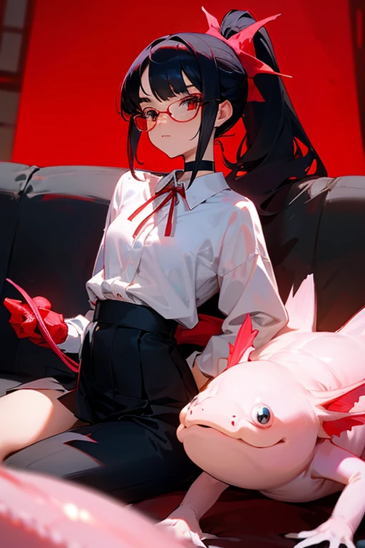 an 18 year old Japanese girl who stands at a height of 175 cm. She has pretty and elegant features, befitting that of royalty. She has long, straight black hair which she keeps tied in a ponytail with a red ribbon, leaving the bangs and sides to frame her face. She's wearing red square-rim glasses. Her eyes are crimson red. She's wearing a medium-length black cotton plaid skirt, a white uniform shirt with a red ribbon around the collar and a pair of black leggings. She wears black sports sneakers. She's wearing a black choker. She has a slim build, with small arms, a slim waist, slender and shapely legs and a small, cute ass. Her perky breasts sit at a comfortable C-cup. She has the pink gills of an axolotl adorning each side of her face, and a 4 foot long pink axolotl tail. She is sitting on a couch in a modern indoors environment with her hands in her lap, looking neutrally at the camera.
