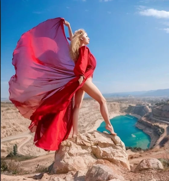 arafed woman in red dress standing on a rock with a red cloak,( Exquisite and beautiful facial features like a star) Girl dancing on the cliff, bright red cloak on her back, beth cavener, author:Alexis Grimou, long torn red cloak, long red cloak, red cloak, Flowing fabric, Wearing a beautiful red cape, stunning photo, Masha Krasnova, draped in Flowing fabric