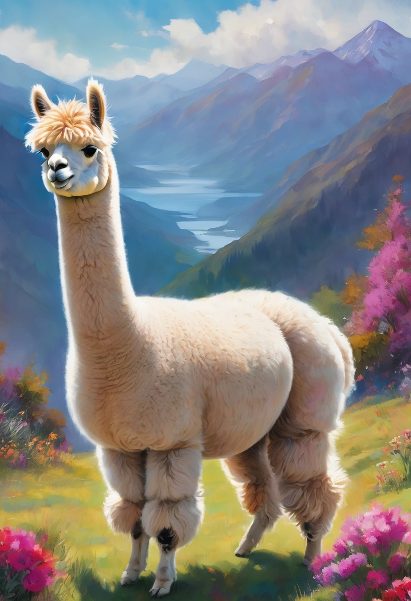 An Alpaca, aesthetic, (high-quality, realistic, vibrant colors, detailed) An alpaca explores its surroundings, showcasing its playful and curious nature. Its fluffy white coat is intricately textured, creating a 3D effect. The alpaca's expressive eyes captivate with their vivid blue hue, while its long, curly lashes add a touch of elegance. As it moves, its slender legs gracefully carry its fluffy body, creating a sense of lightness. The alpaca's inquisitive mouth nibbles on grass, portraying its love for exploring and trying new things. Its surroundings bloom with an array of vibrant flowers, filling the scene with a burst of colors. The soft sunlight casts a warm glow on the alpaca and the surrounding landscape, highlighting every intricate detail. The artwork captures the alpaca's delightful personality, rendering it with astonishing realism and precision. The picture exudes a cheerful and lively ambiance, showcasing the alpaca's joy as it indulges in its random adventures.