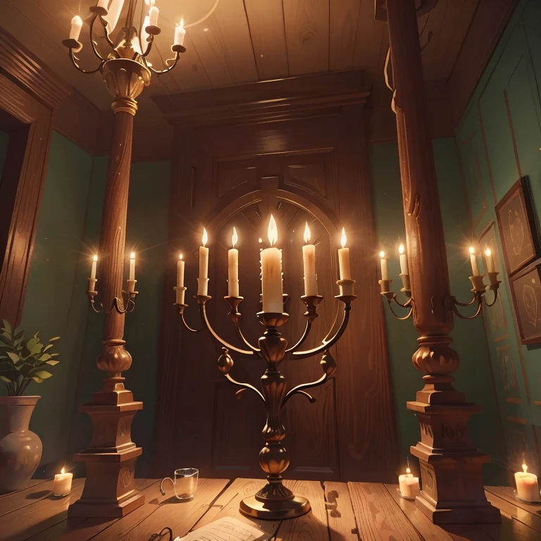menorah, un candelabro de siete brazos que se describe en la Biblia hebrea (agrega una luz mas al candelabro y personas)