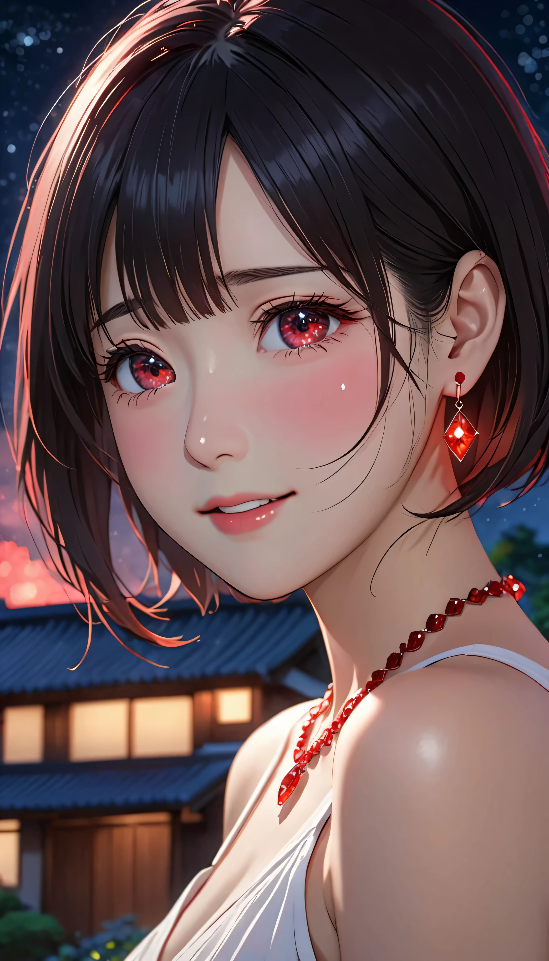National Science Foundation,masterpiece,High resolution,8K,Art,digit,Kyoto Animation Style,your name movie style,Facing the camera,night,midnight,Soft Light,Glowing skin,(1 female: 1.3),(alone: 1.4),(((Black hair))),(No clothing is drawn on the upper body),(red crystal hairpin),(red crystal necklace),(red crystal earrings),Long eyelashes,short bob,sexy pose,Close-up of upper body,Close-up,close view,nightstarry sky,Eyes as deep as the starry sky,Blushed,shy,shy,open mouth,(((cry))),(((shed tears))),Feel happy