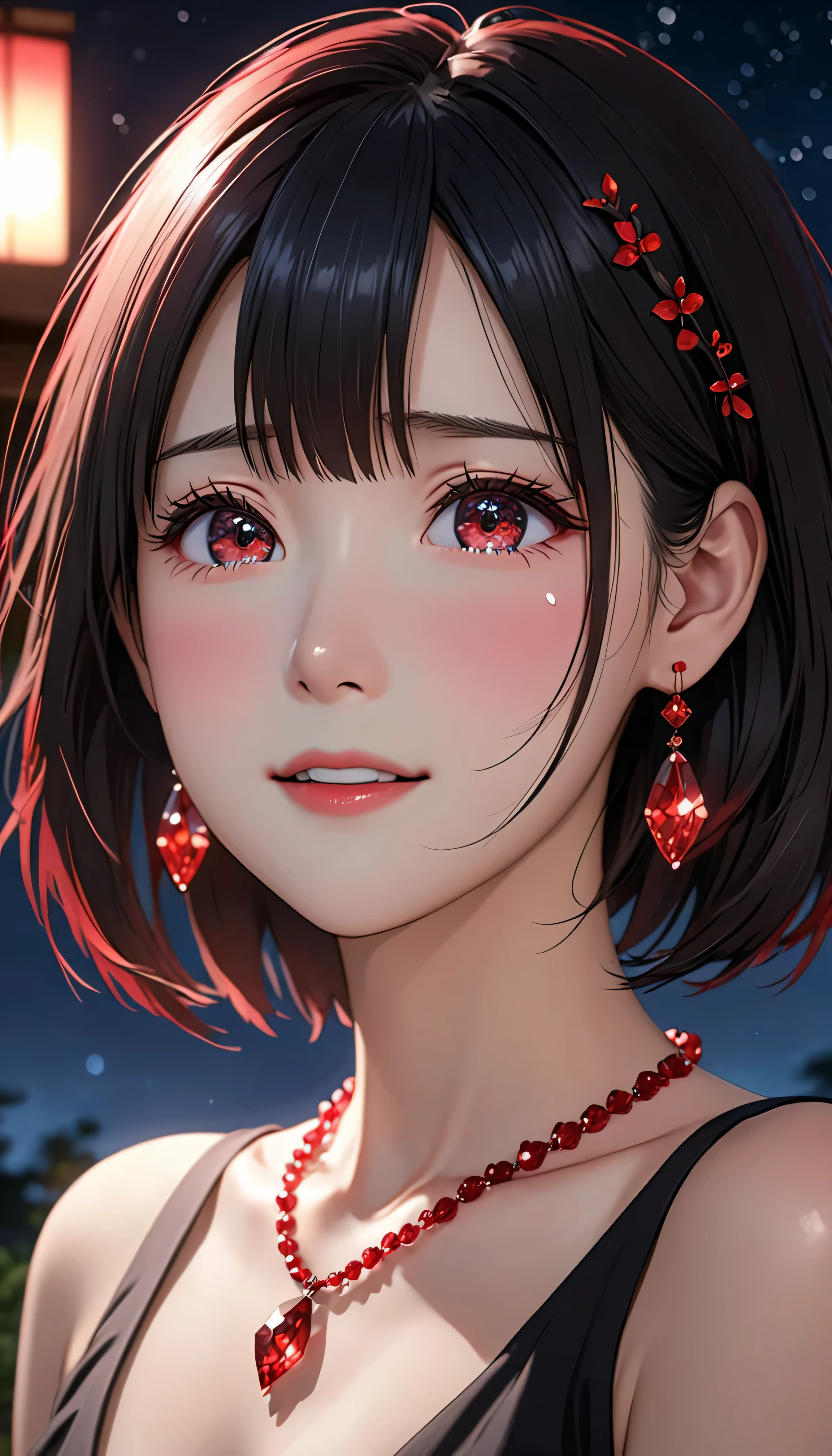 National Science Foundation,masterpiece,High resolution,8K,Art,digit,Kyoto Animation Style,your name movie style,Facing the camera,night,midnight,Soft Light,Glowing skin,(1 female: 1.3),(alone: 1.4),(((Black hair))),(No clothing is drawn on the upper body),(red crystal hairpin),(red crystal necklace),(red crystal earrings),Long eyelashes,short bob,sexy pose,Close-up of upper body,Close-up,close view,nightstarry sky,Eyes as deep as the starry sky,Blushed,shy,shy,open mouth,(((cry))),(((shed tears))),Feel happy