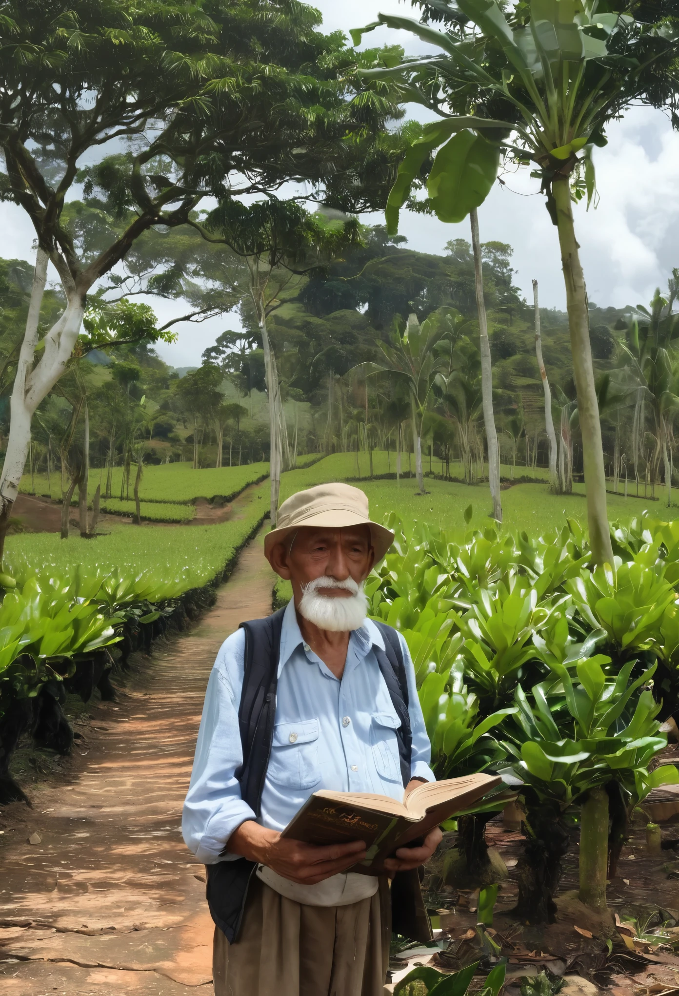 old man on a coffee plantation sitting studying