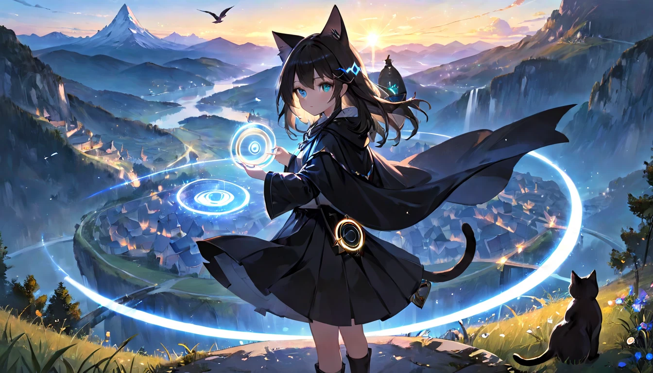 (masterpiece, best quality, very aesthetic, absurdres,general) , 1girl, solo, very shot black wizard's cloak, shot wizard's trousers,very shot skirt:2),The girl is using magic,Glowing triangular magic circle,cat ear,cute girl、Girl with clear eyes、Straight long hair,cat ear,bird's-eye view of the landscape