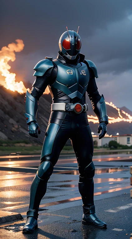 (kamen rider, (standing), kamen, full body detailed, detailed hands, good fingers, good hands, good legs, low hood, ((epic burning city)), ruins, floating, explosion, debris, some fire and glitter background, ultra hd, ultra realistic texture, (flare lens:1.2), (long shot:0.9), (blue armor:1.5), rider belt, neonninja style