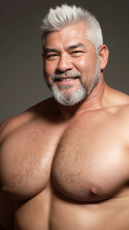 white hair, old man, individual, male, Muscular wrestler, muscular, Stout wrestler, Asian, Japanese, uncle, 55 year old middle-aged man, short hair, short hair, yellow wrestling boots, full body portrait, shadow, Vision, yellow briefs, obesity, 45 years old, short beard, middle-aged man, tattoo, fingerless gloves, Wheat skin, shiny skin, dark skin, Show your pectoral muscles, sumo wrestler, bodybuilder, wide temples, Visible abdominal muscles, Smile, Fine hands, solid color background, pure white background, Surrealism, Panorama, 8k, super detail，