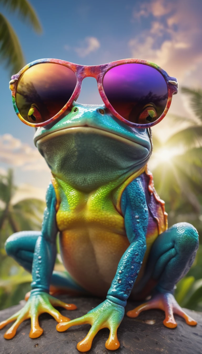 Super detailed photo of a rainbow colored frog wearing sunglasses under a tropical sky, daytime,|photographique, Realism is pushed to the extreme, Delicate texture, Lifelike, Movie, large format camera, Photorealism, DSLR camera, 8k ultra high definition, HDR, Super detailed, high quality, High contrast