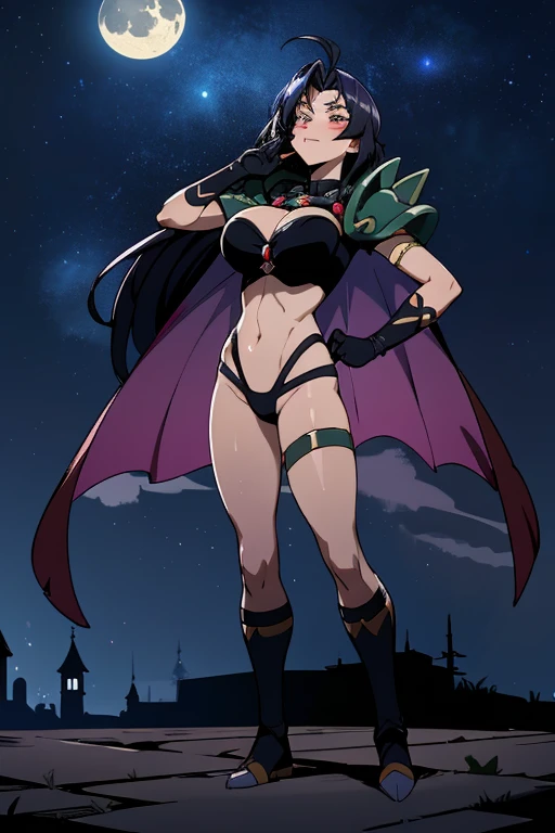 (masterpiece, best quality, absurdres, beautiful, anime aesthetic, cell shading), 1girl, naga the serpent, armor, cape, circlet, gloves, jewelry, large breasts, blush, black hair, fit, toned, sweaty, shiny skin, full body shot, looking at camera, looking up, arrogant smile, skinny, long hair, fantasy, fortress, darkness, dark, night, night sky, moon
