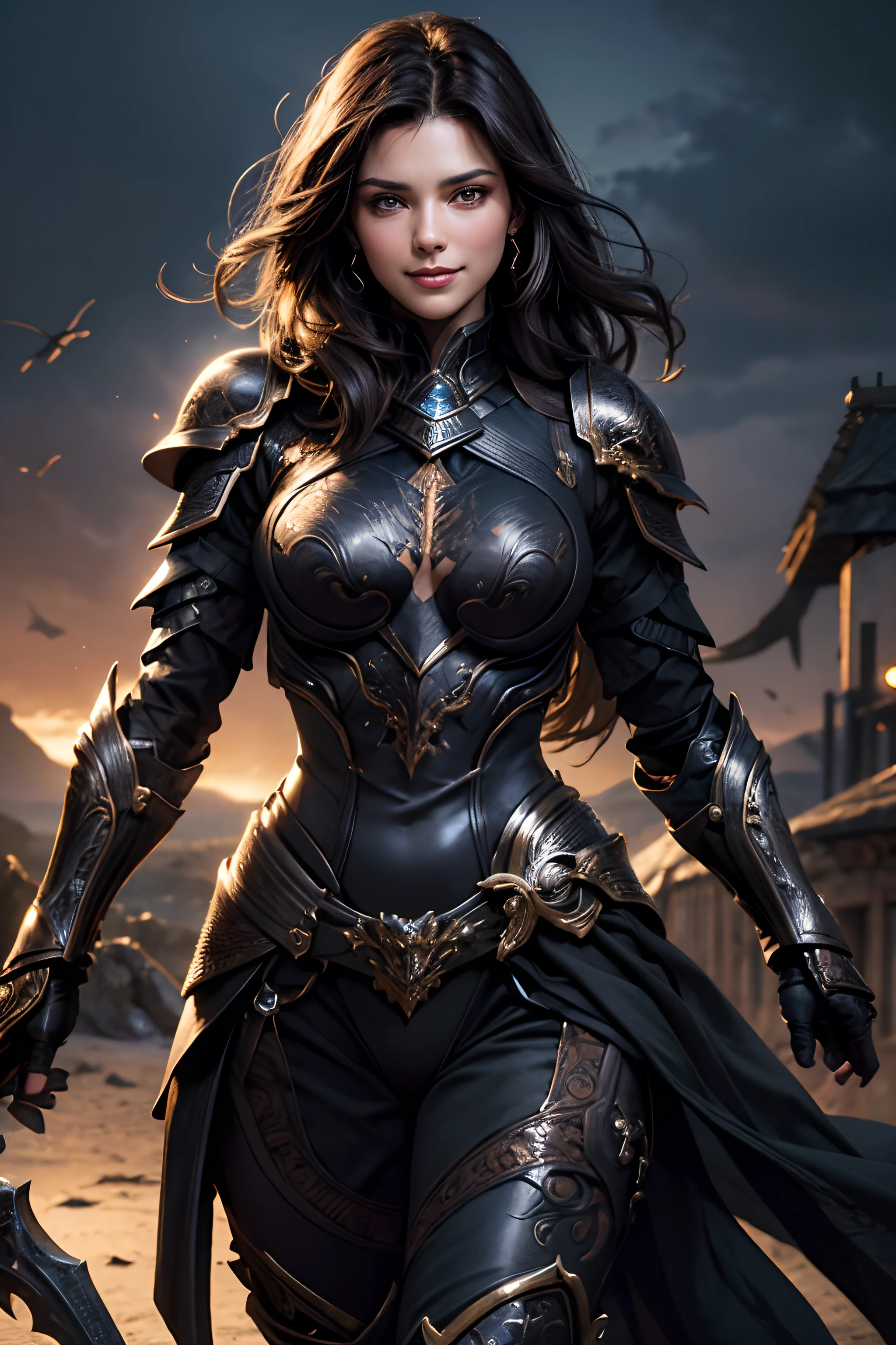 "(Best Quality,8K,hight resolution,Masterpiece:1.2),Beautiful,Detailed Face,Smiling and mesmerizing,Dark brown hair,In black armor with a scorpion motif.Accentuated chest area"