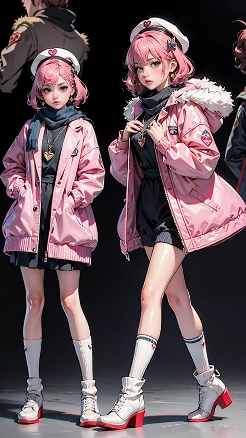 masterpiece,highest quality,(1 Mature Woman),short hair,Pale pink hair,Curly Hair,Shut, 一人in, Zoom Layer, Long Hair, in, Iris, Jacket, coat,heart, sleeines past wrists, looking at iniewer, bangs, white headwear, leg warmers, blush, necklace, (pink Jacket), sweater, loose socks, Full Body, jewelry, Fur trim, Pom-pom (Clothes), socks, pantyhose, long sleeines, Parted lips,Full Body,(Tsundere:1.3),(We say:1.2),hair ornaments,レースinトリミングされたヘアバンド ,Combat Ready,(compensate:1.2), (eyelash),(heainy breathing:1.3), (Severe),Earrings, necklace, Princess,(white) Knee socks,looking at iniewer,Medium breast,white fur-trimmed_boots,sweater,(scarf,)Dynamic pose,
