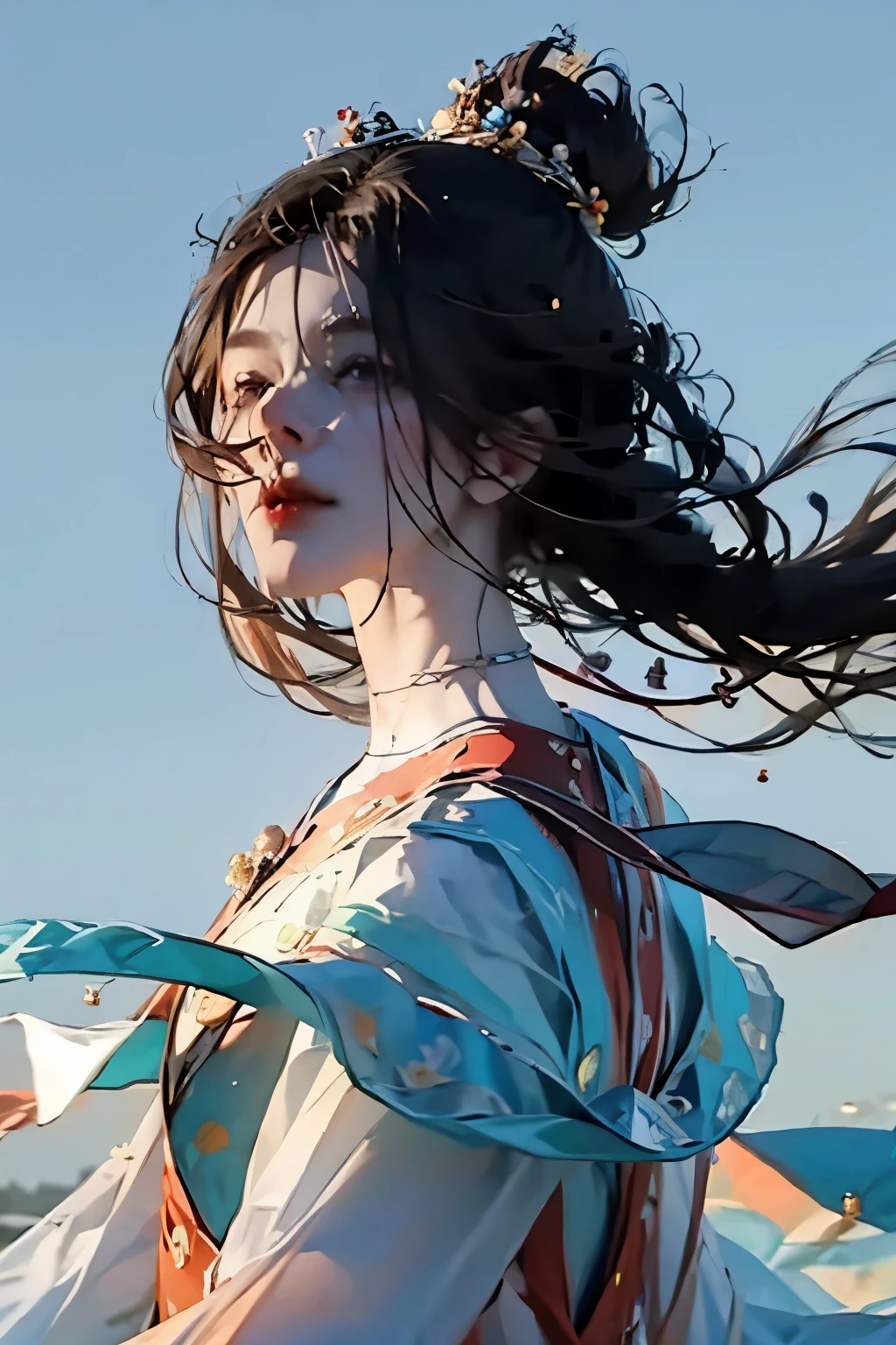(best quality, masterpiece), 1 Girl, look down, Wind, particle, Simple background, dark mood,