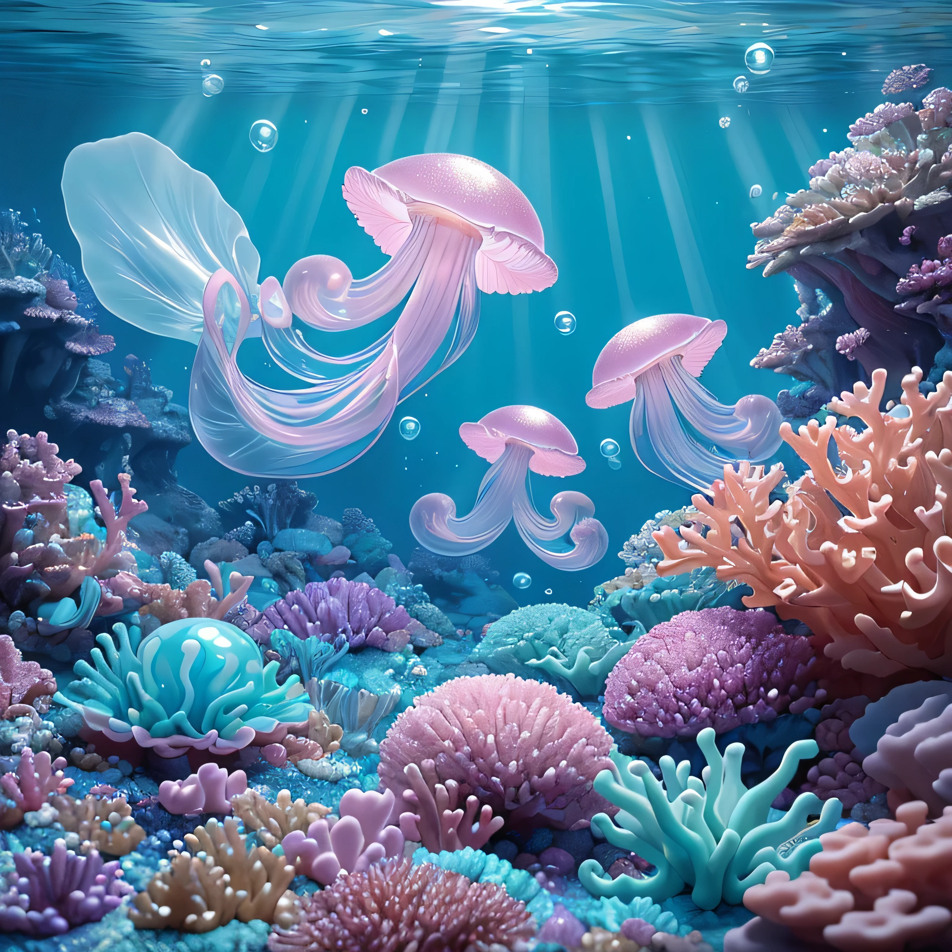 highest quality,4K,High resolution,masterpiece:1.2),Very detailed,(Realistic,photoRealistic,photo-Realistic:1.37),jellyfish,Colorful,Made of jelly,Swimming in the soda ocean,Candy themed life,Shimmering Scales,Translucent body,delicate tentacles,Sparkling eyes,Dynamic,Iridescent glow,Sweet soda scent,Delicious candy plant,Dripping syrup,Mint-flavored coral,Bubble Gum Rock,Magical underwater scene,A playful and lively atmosphere,Whimsical and fantastical,Refracted light creates dreamlike patterns,Sunlight filtering through the carbonic ocean,Sparkling and reflective on the surface,A fascinating and ultra-realistic journey.