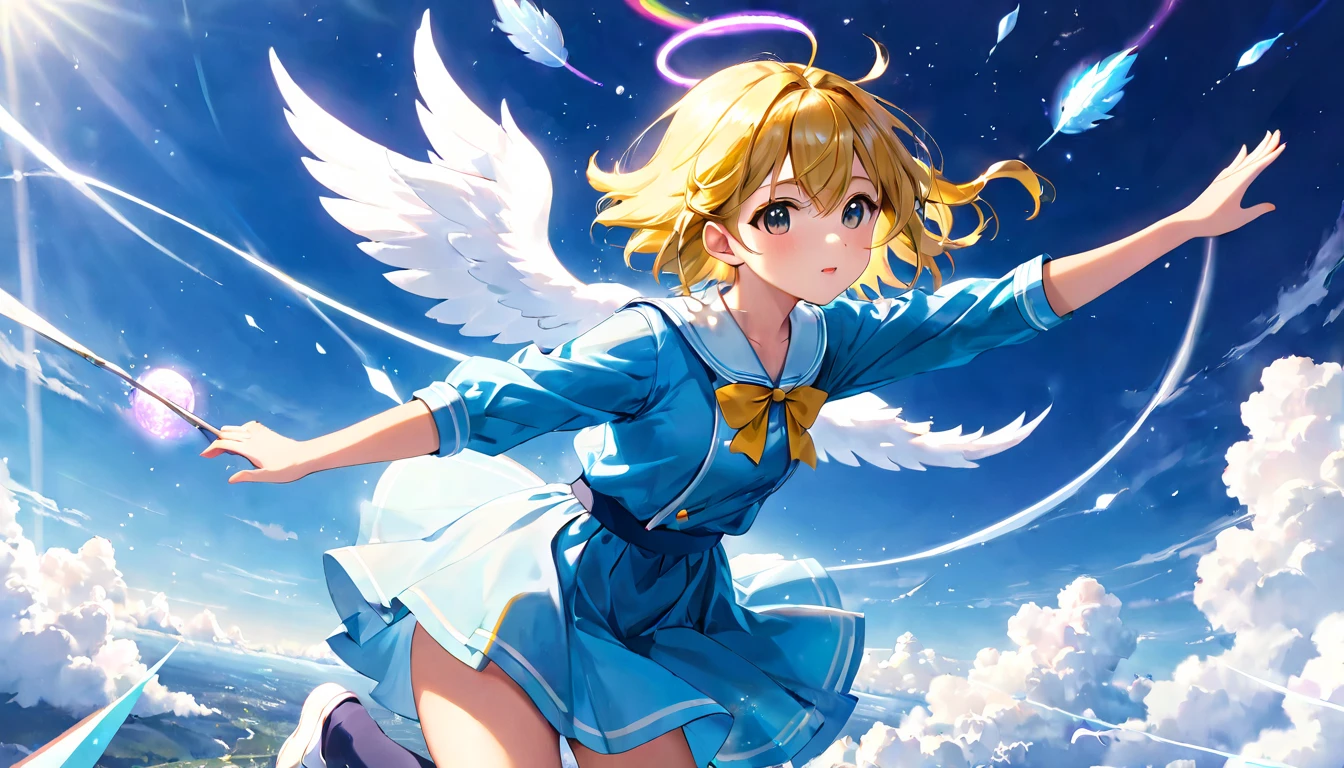 (masterpiece, best quality, very aesthetic,absurdres,general),(girl flying in the sky:0.8),(Flight Mode:0.2),school hear,(deep blue sky:0.1),(Atmosphere:0.8),(Cosmic radiation:0.1)
