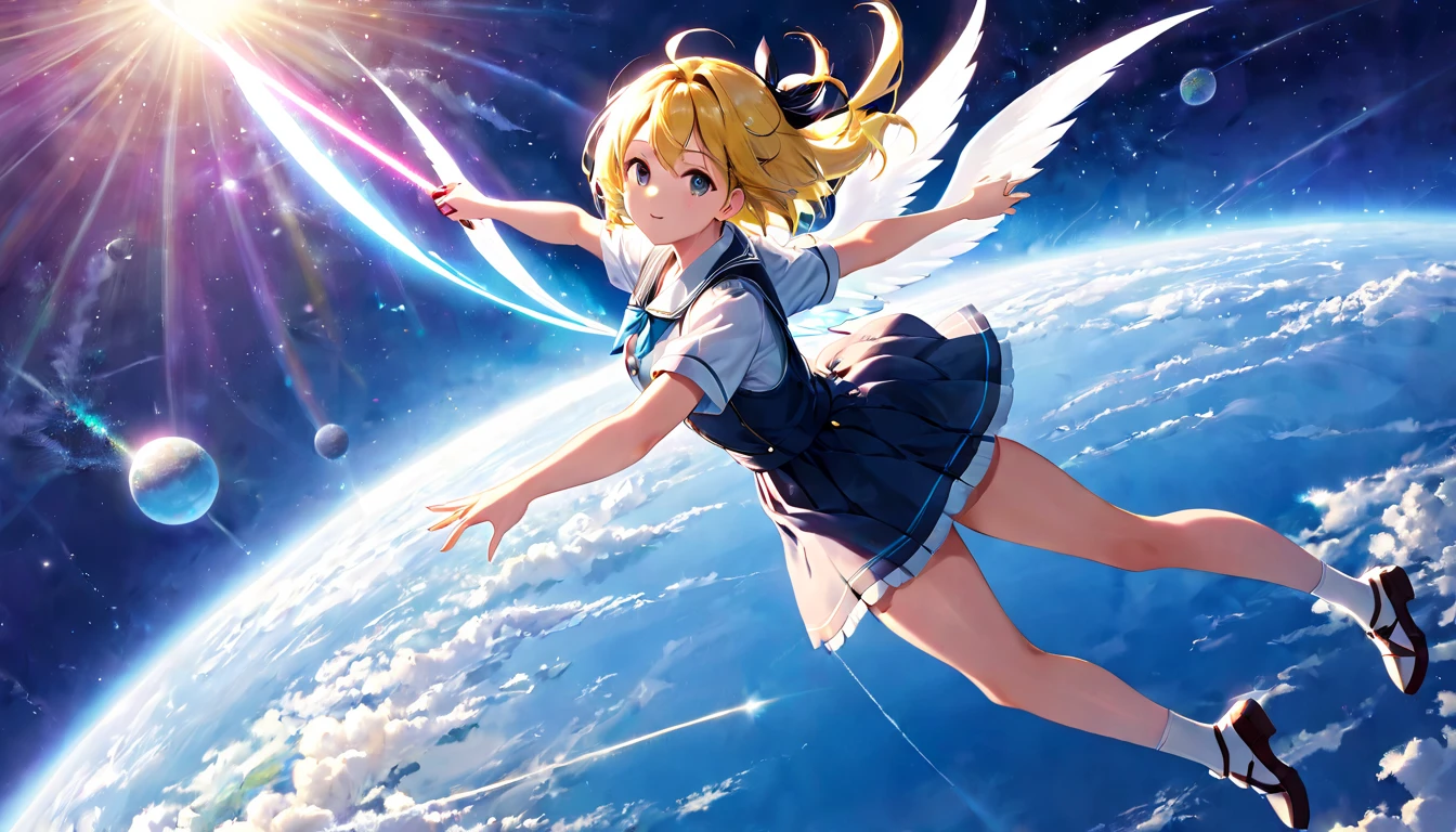 (masterpiece, best quality, very aesthetic,absurdres,general),(girl flying in the sky:0.8),(Flight Mode:0.2),school hear,(deep blue sky:0.1),(Atmosphere:0.8),(Cosmic radiation:0.1)