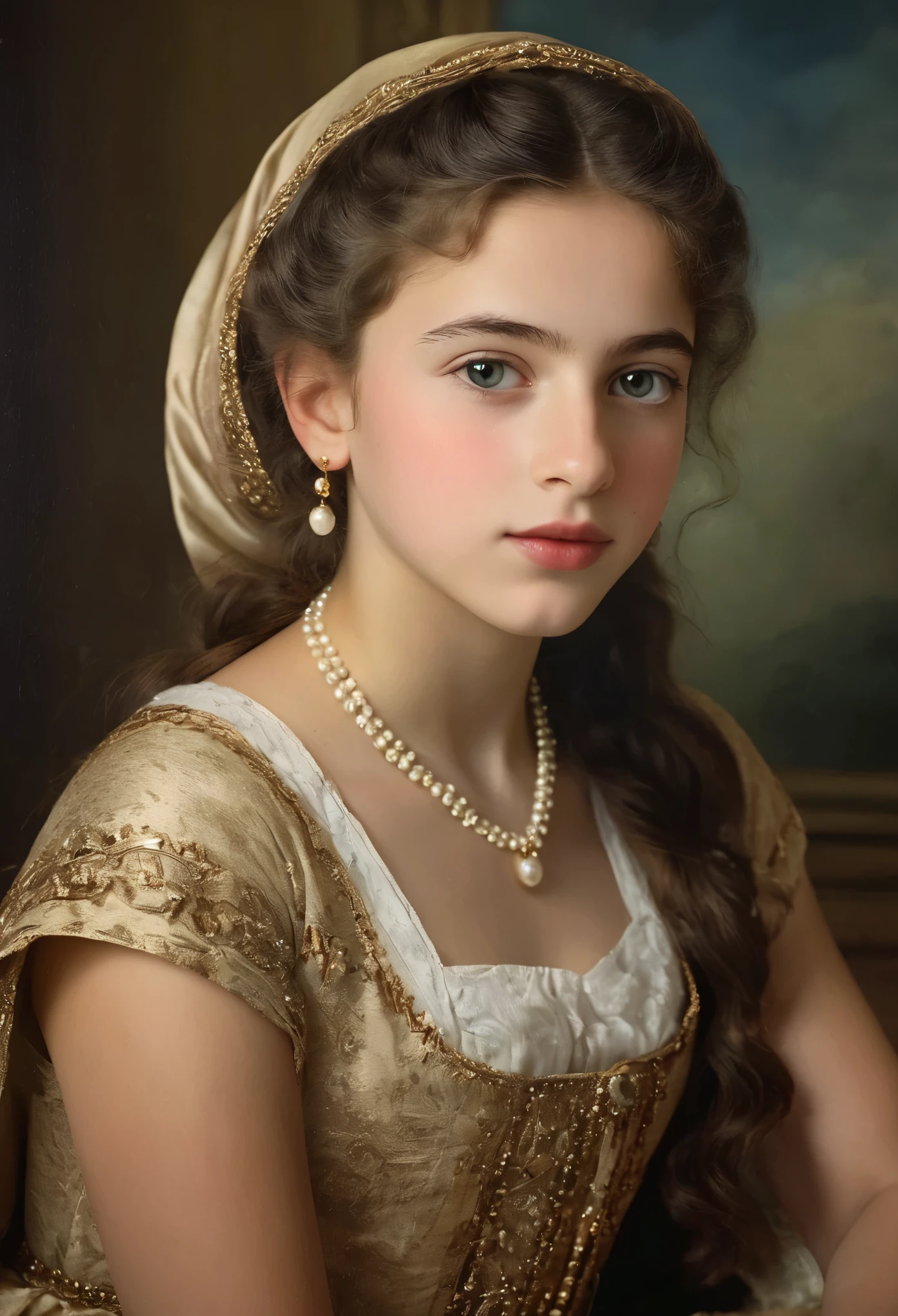 (highres,masterpiece:1.2),(realistic:1.37), A portrait of a Jewish girl in the 20th century with unparalleled beauty. age 14, eldest daughter of a wealthy merchant, The lighting is soft and diffused, accentuating the girl's ethereal beauty. The colors are vibrant and rich, creating a captivating visual experience. The portrait is created in the style of classical portraiture, reminiscent of the works of renowned artists from the era. It exudes elegance, grace, and sophistication.