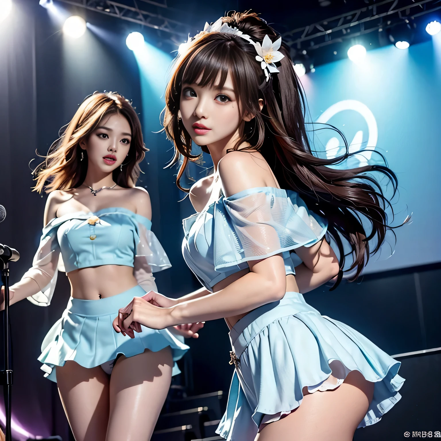 Three-piece girl band、Pop light music band、超A high resolution、Ultra HD、8k、Wonderful expression with attention to detail、long chestnut hair、Straight Long Hair、short cut bob hair、(Off-the-shoulder light blue dress、Mini skirt type)、Cute stage costumes、Performance scene at the outdoor music hall、Backlight、(The silhouette of the body is visible)、(White panties are visible)、
