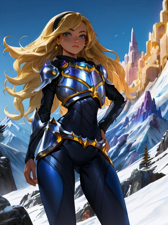 masterpiece, high quality, colorful, 1girl, solo, looking at viewer, mountains, lux, luxanna crownguard, league of legends, cowboy shot, blonde hair, blue eyes, blue pants, blue bodysuit, bodysuit, impossible bodysuit, black hairband, hairband, long hair, long sleeves, shoulder plates, breastplate, sapphire, standing
