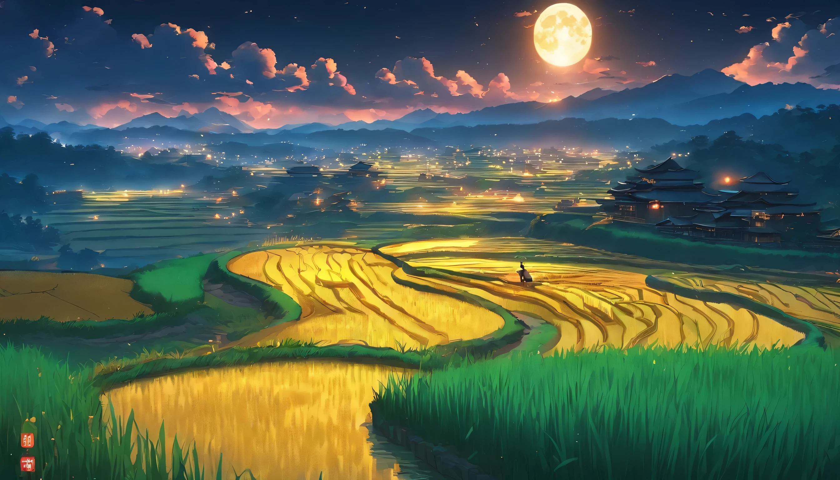 Rice fields in the dark，Chinese country style，A long ditch，On both sides are golden rice fields，There is a reflection of the moon in the ditch，Clear night sky，A small number of clouds，Huge Moon，Clear full moon，Photo-realistic landscapes，angurakei，32kuhd，villagecore，Golden，Ultra-clear realism，Ultra-high-definition picture quality，8K resolution。