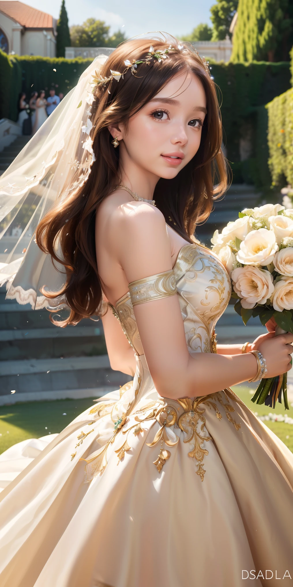 (best quality, masterpiece:1.2), (realistic:1.3),, (ultra-detailed background, detailed background), bokeh,, , gorgeous prom dresses, luxury prom dresses, wedding dress, bridal veil, bridal gauntlets, bridal cascading bouquet,, upper body,, wedding at church,, , 1girl, cute, teenage, posing, smiling,, dynamic angle, dynamic pose,, , very long hair