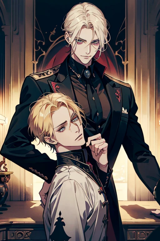 anime, corpo todo, um homem com longos cabelos loiros e um casaco verde, alucard, Castelvânia, handsome androgynous prince, magical blonde prince, delicate androgynous prince, handsome vampiro masculino, arte casimiro, anime homem bonito, Arte principal do anime, O vampiro, capa selvagem, johan liebert misturado com alucard, vampiro masculino, olhos vermelhos, rosto masculino detalhado de 30 anos