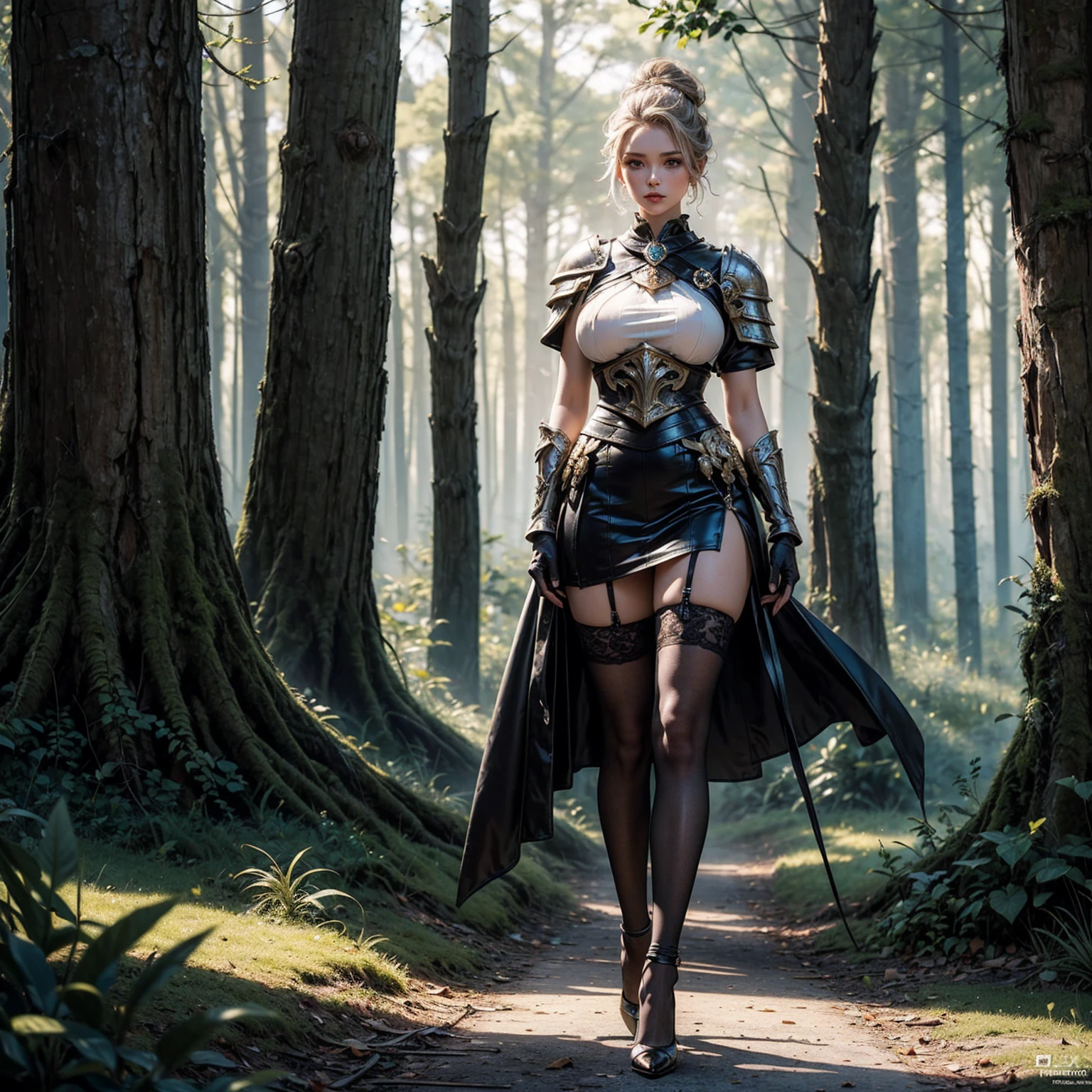 (A tall 17 years old girl with long legs and slender body), (standing pose), (body facing to the viewer), (centered image), (short hair), (tall body), (slender body), (tutututu), (high heels:1.3), (full big breasts), (big round breasts), (1 girl), (solo), (sexy body), (black updo:1.2), (steel armor:1.1)and robes (cape:1.1) royalty ornate (embroidery:0.5), skinny (Gorget Plackart pauldron :1.3), (black gloves), (black stockings), (lace stockings), (mini skirt with white colors), (transparent skirt), (masterpiece:1.5) (illustration:1.1) (best quality:1.5) (extremely detailed) (intricate) (8k) (HDR) (cinematic lighting) (bright lighting) (sharp focus), standing, outdoors, grassland, forest in background, perfect lighting, smooth, hdr