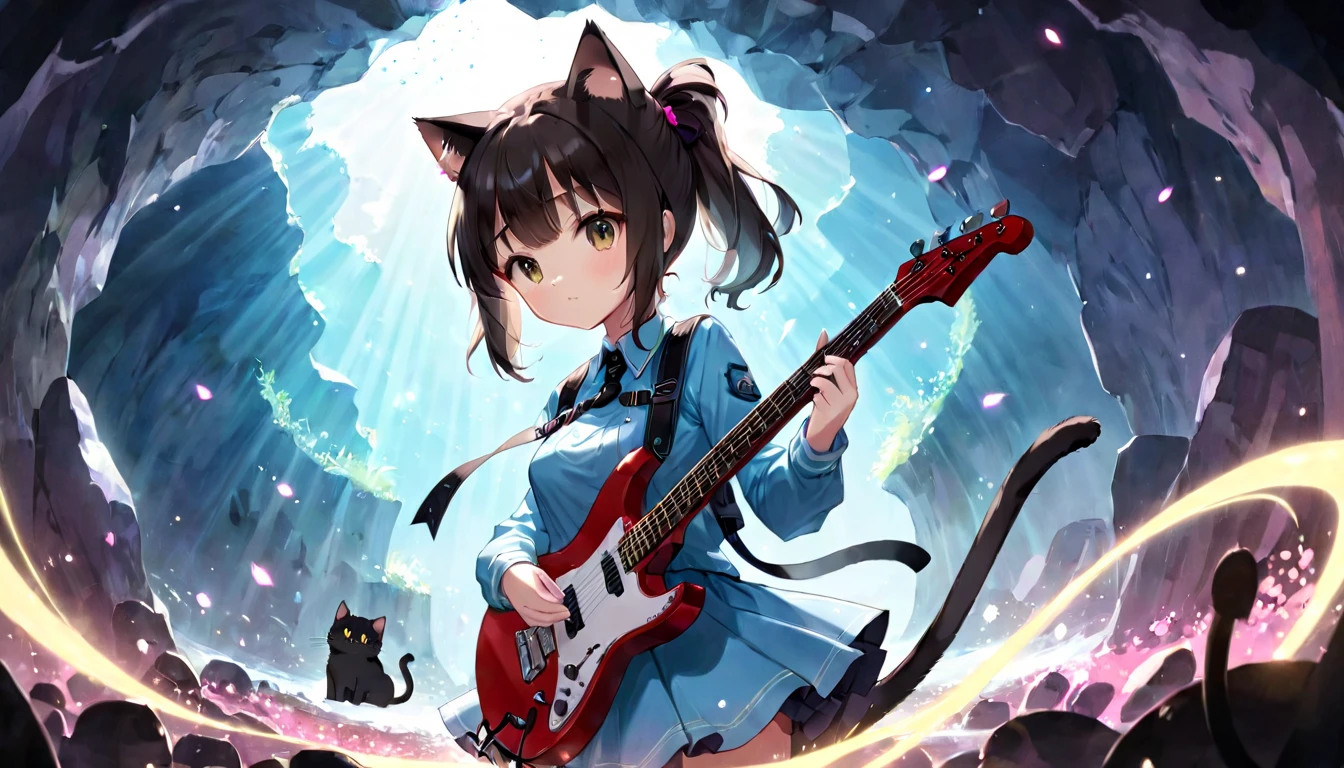 (masterpiece, best quality, very aesthetic, absurdres, general), 1 girl, (cat ear:1.7), short ponytail, cute,( kawaii:1.7), blunt bangs, long sideburns, focus on the face, fisheye, (guitar:0.2),particles of light,long shot,medium breasts,destroy ,cave