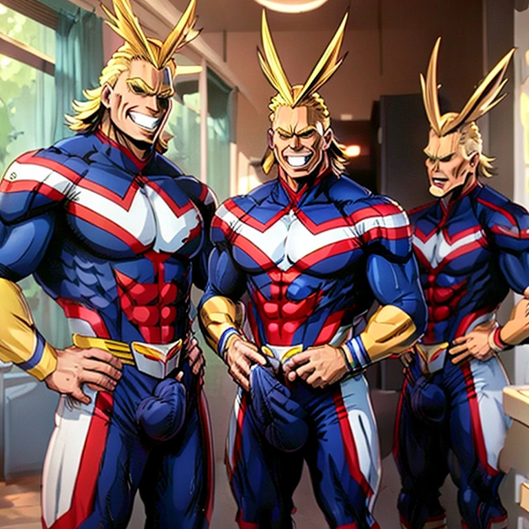 allmight, smile, antenna hair, (erection under clothes:1.2), (solo:1.2),