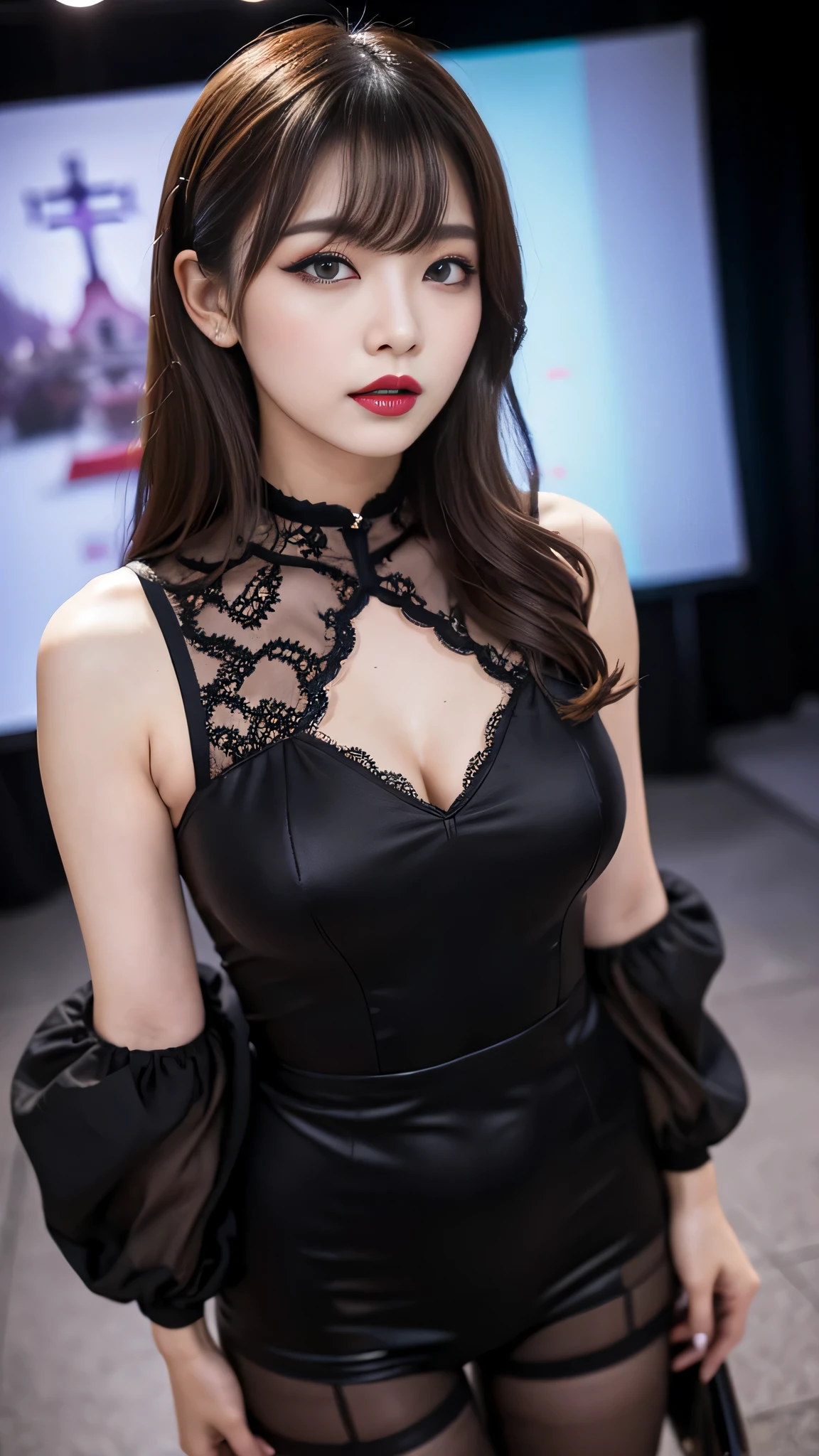 tra-detailed、Japanese、Attractive beauty、seductive adult woman、Pretty Woman、cool girl、brown hair、wavy hair、swept bangs、piercing eyes、hollow eyes、half-closed eyes、Hollow Eyes、Purple Eyeshadow、black lipstick、black lip gloss、dark makeup、smirk、Whisper in my ear、Evil expression、Long Black Cheongsam、Black wide sleeves、pantyhose、Evil cadres、Fallen into evil、brainwash、mind control、evil、Church at night、Swear allegiance、Have lipstick、Are standing