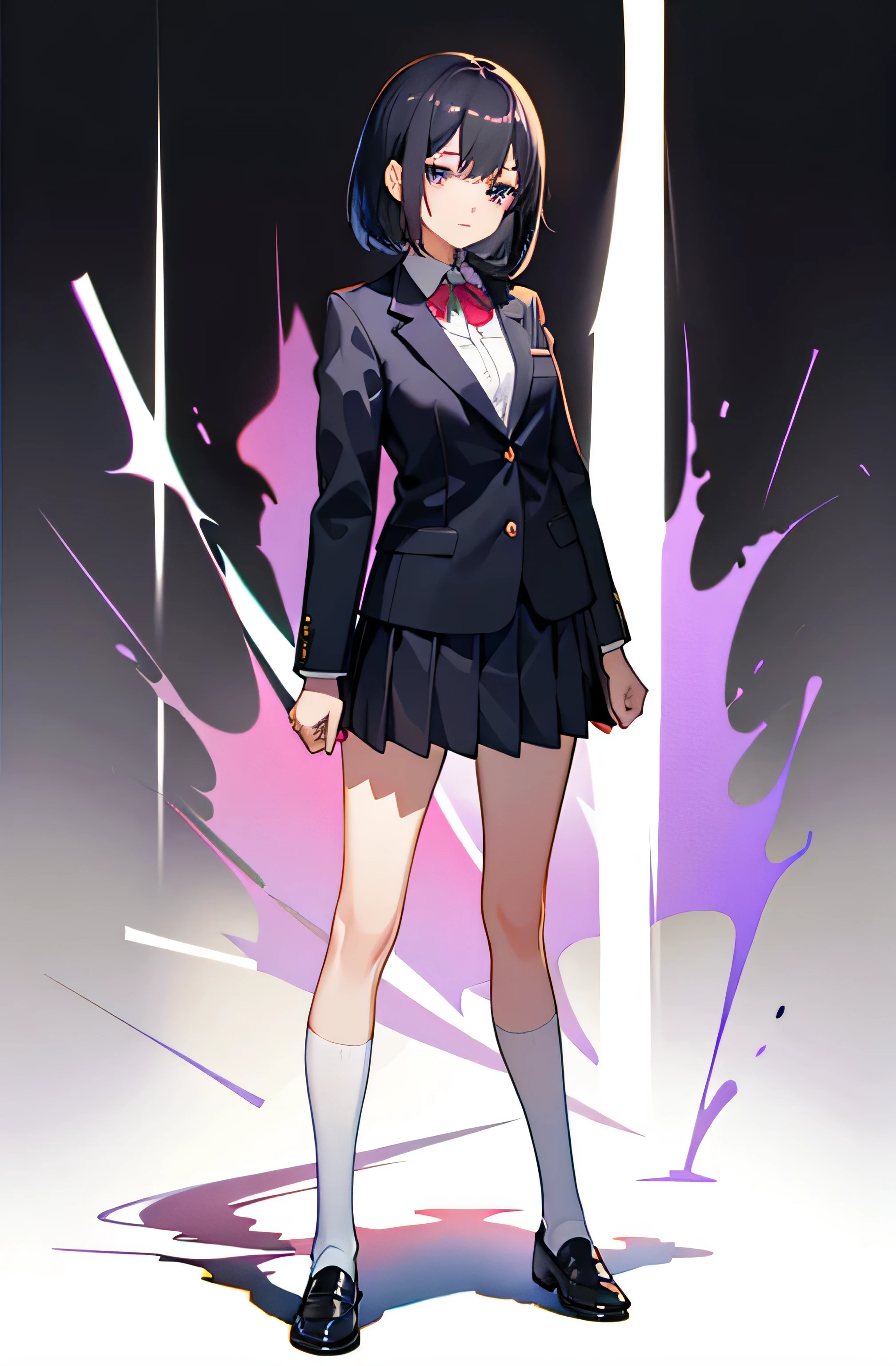 high school girl、uniform、blazer、skirt、loafers、bob hair、Black Hair、Plain face、No background、whole body、