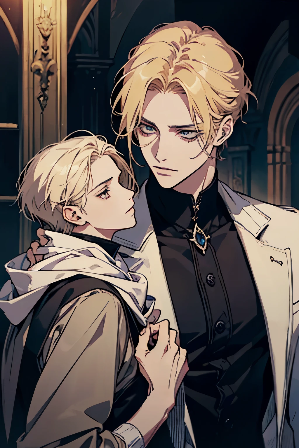 anime, corpo todo, um homem com longos cabelos loiros e um casaco verde, alucard, Castelvânia, handsome androgynous prince, magical blonde prince, delicate androgynous prince, handsome vampiro masculino, arte casimiro, anime homem bonito, Arte principal do anime, O vampiro, capa selvagem, johan liebert misturado com alucard, vampiro masculino, olhos vermelhos, rosto masculino detalhado de 30 anos