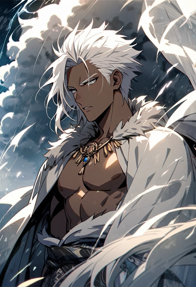 Handsome, solo, 1 male, African man, short wild white hair, silver eyes, no shirt, white lion cloak, storm background