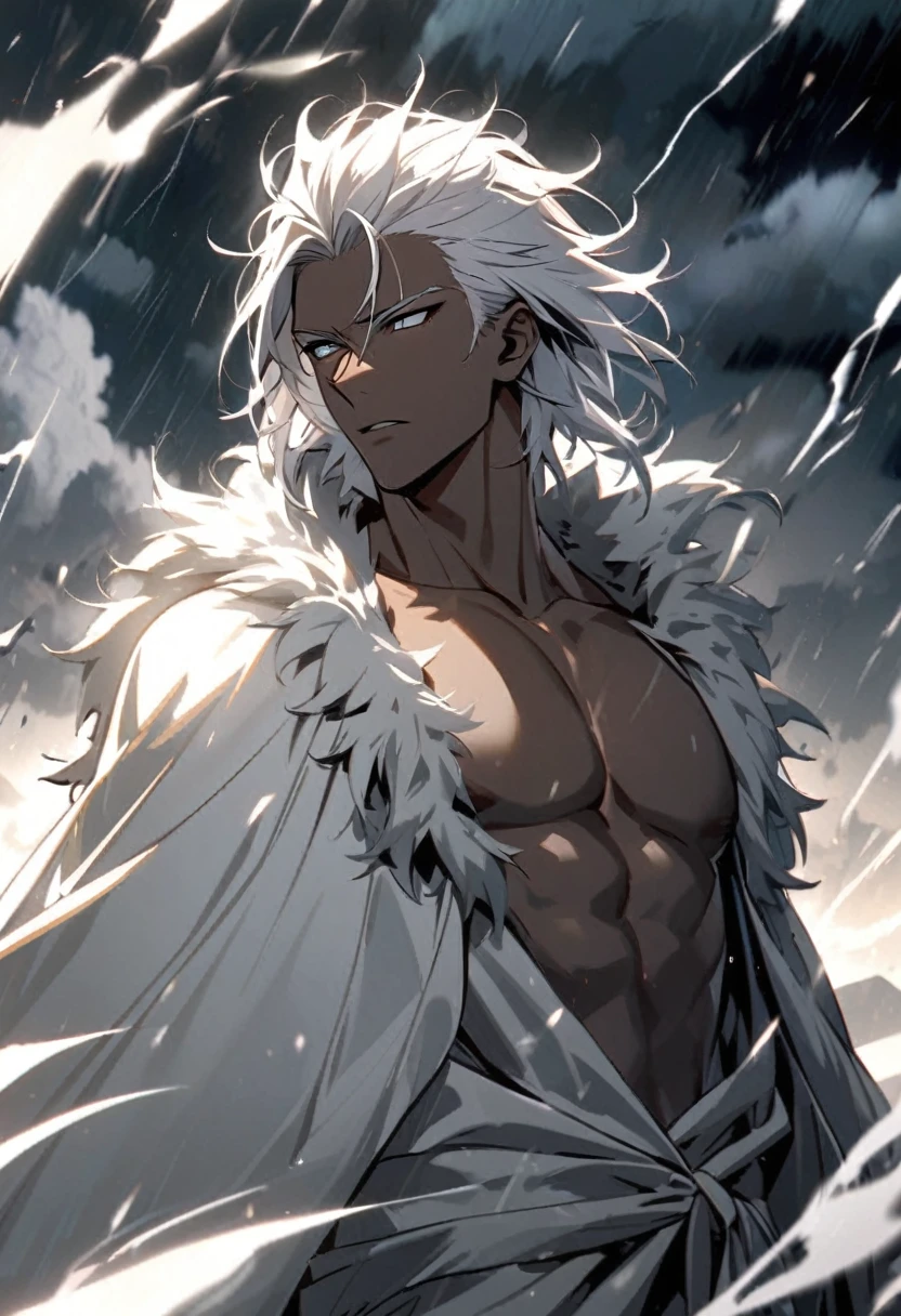 Handsome, solo, 1 male, African man, black skin, short wild white hair, silver eyes, no shirt, tattoed arms, white lion cloak, storm background