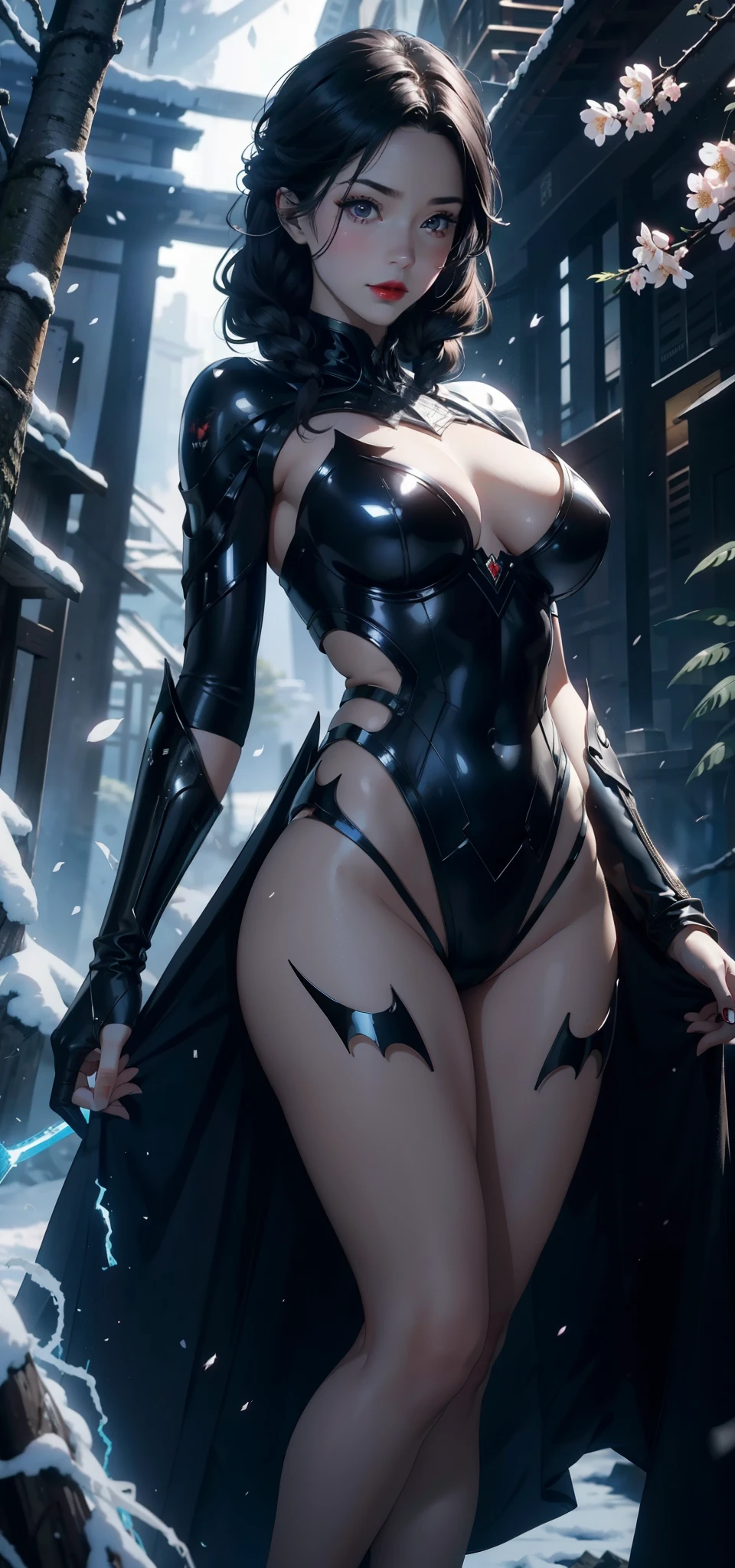 1 female,35 years old,Slim,very big ,Big breasts and thin waist,Long legs, Solitary,(background:,Cherry blossom forest,Rainforest)running, She has short black hair,Front view, twisted braid cloudy sky,(((masterpiece),(Very detailed CG unified 8K wallpaper),best quality,Light,详细background,Beautiful and delicate eyes,Smart pupils,black eyes,Snow-white skin,Red lips(very delicate and beautiful),(Beautiful and detailed description of the eyes),Ultra Detailed,masterpiece,))Facing the camera,high resolution,Ultra Detailed),nude,batman,Wear a futuristic mech,Black color scheme,batman服装