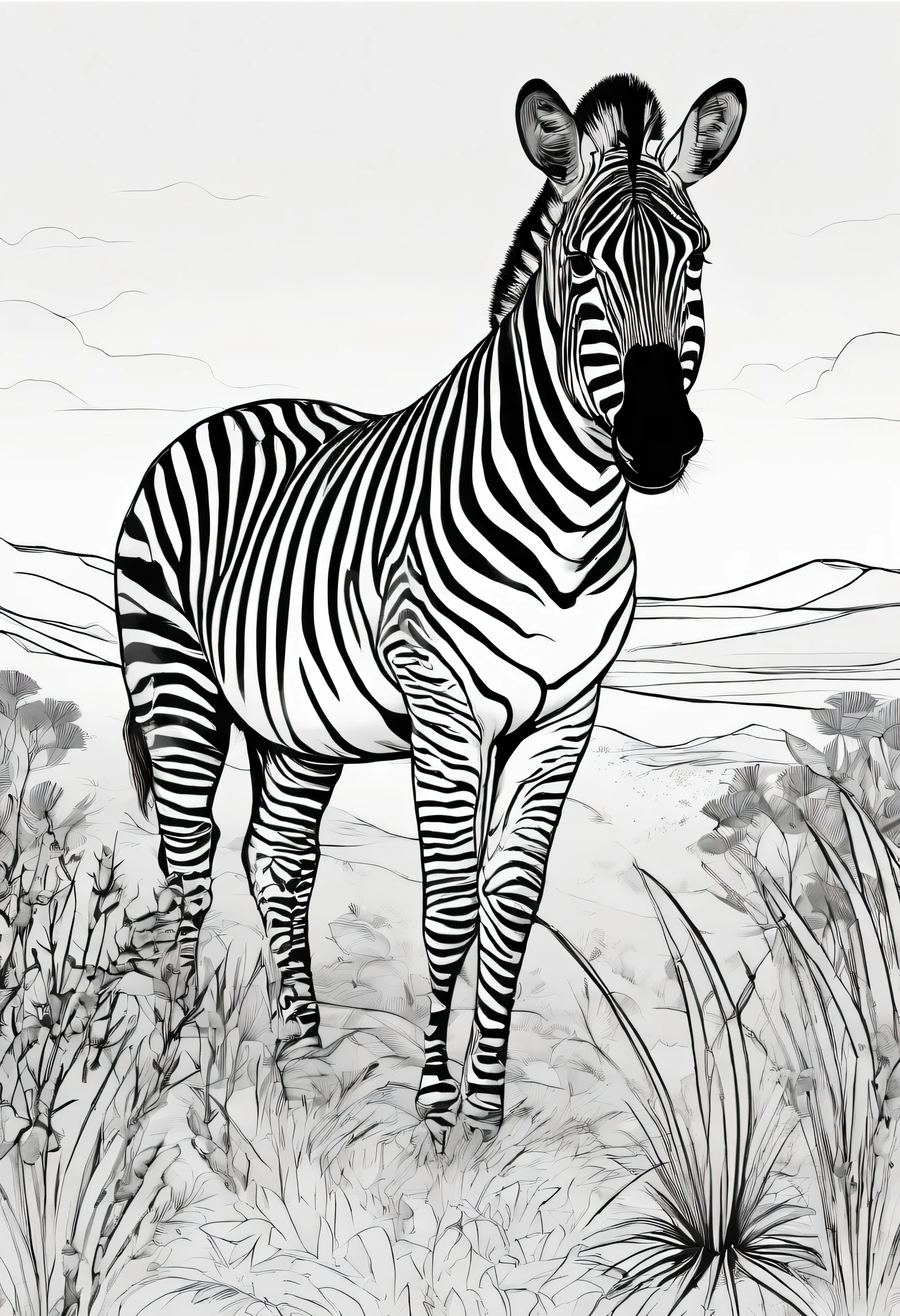 coloring book black and white white zebra in a savanna eating grass few small rocks flat terrain small grass two bushes no greyscale no shading no shade no shadows