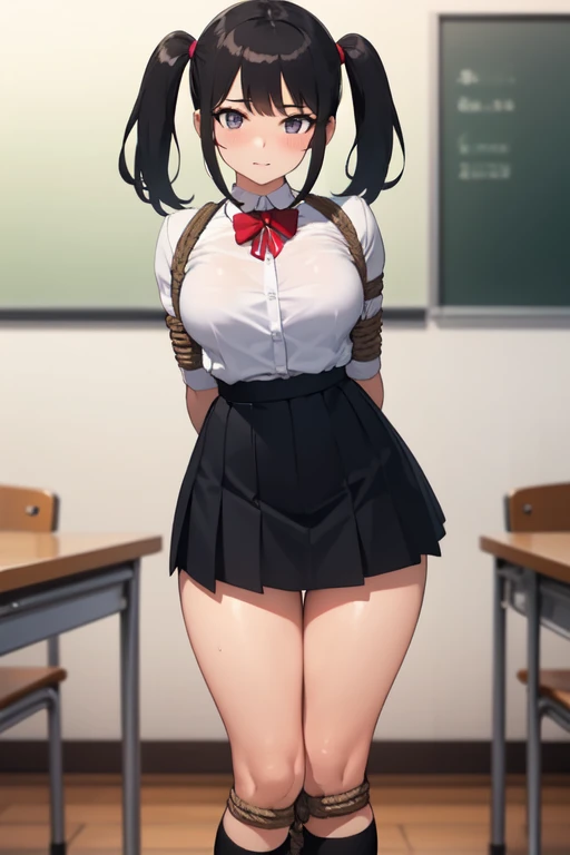 ((best quality)), ((Meisterwerk)), (detailed), perfektes Gesicht, , (((Perfekte Anatomie))), 4k resolution, 1 girl, Long twintails, (Perfektes Gesicht, Augen, Mund, Body), big thighs, pig breasts, small waist, school girl, (18), Black Hair, Black Mini skirt, White Shirt, (((Bound Wrists, Ankles with Rope))), (((Arms behind Back: 1.4))), erröted, hilflos, held back, Classic bondage, Random camera angle, classroom with girls in the background