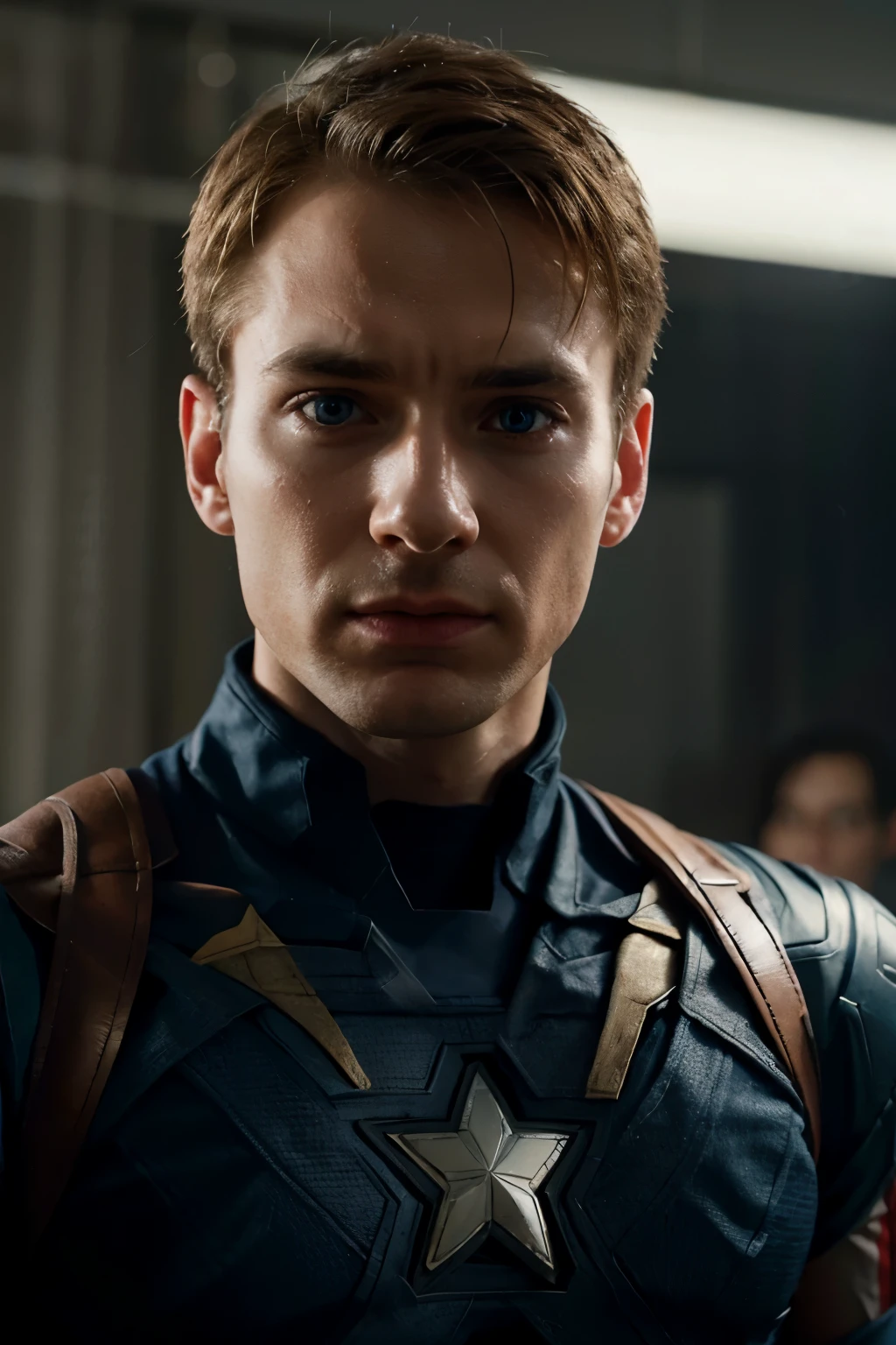 (original photo:1.2), (Reality:1.4), Character Steve Rogers wearing Captain America costume, No mask, The eyes and face are very detailed, Beautiful and delicate eyes, whole body, 4K resolution, High quality model, High Detail, HD, There is light on the face, Movie Lighting