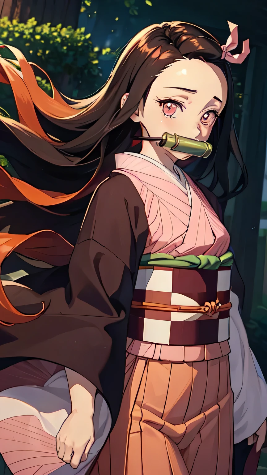 (((masterpiece))), nezuko, 1girl, bamboo, bit gag, brown hair, checkered sash, gag, gagged, gradient hair, hair ribbon, haori, japanese clothes, kimono, long hair, looking at viewer, multicolored hair, orange hair, pink eyes, pink kimono, pink ribbon, ribbon, solo, upper body,  