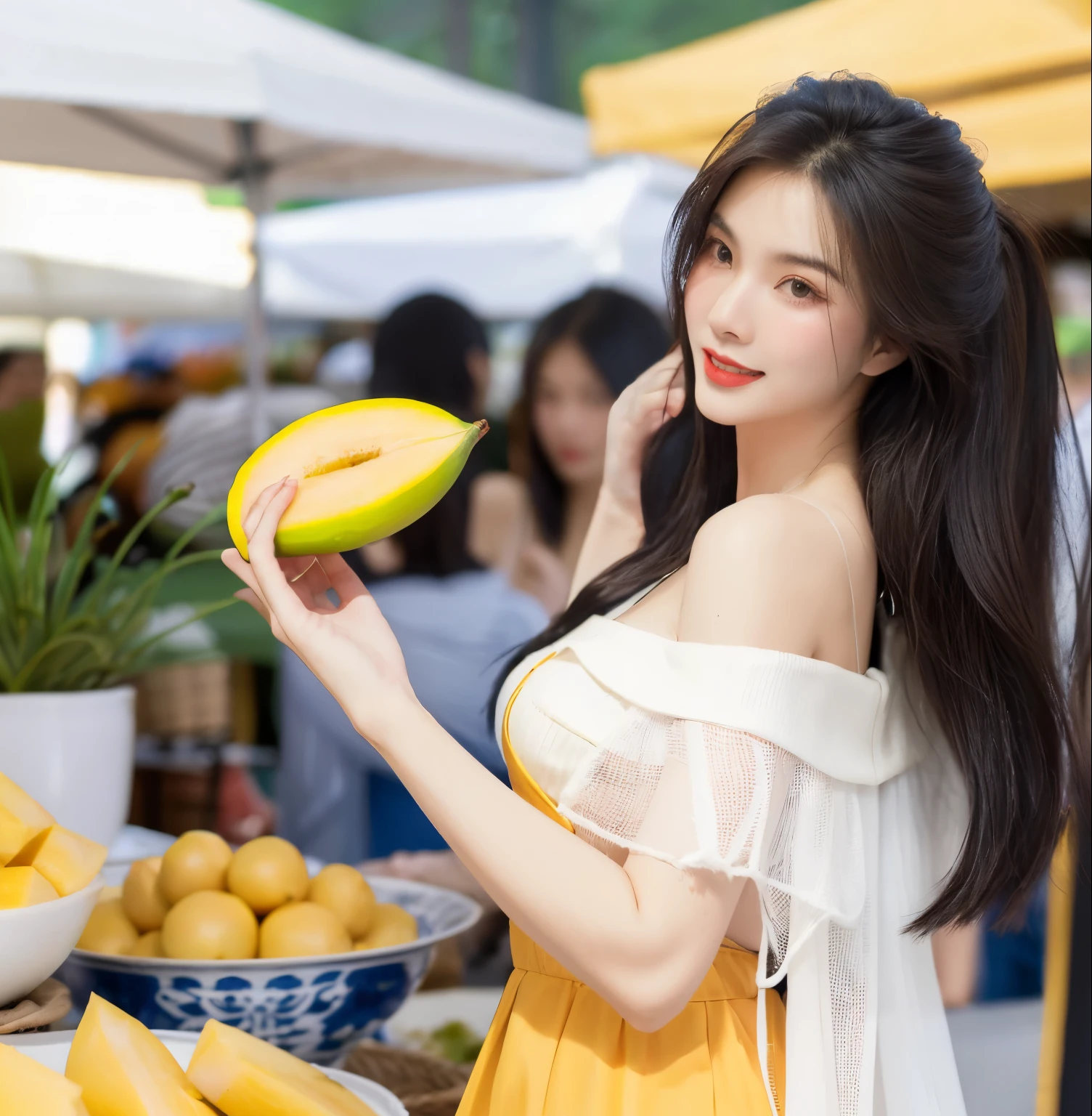 A charming and elegant Thai woman, dressed in a flowy off-shoulder top and a sheer white shawl, joyfully browsing through a variety of juicy mangoes at a lively flea market. The detailed rendering captures the essence of this scene, making it a feast for the eyes.