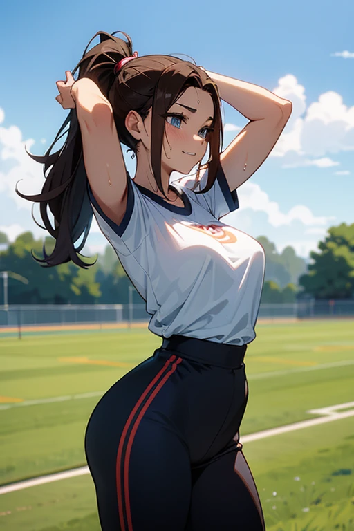 [((masterpiece)), ((HD)), ((high res)), ((solo portrait)), ((waist-up)), ((front view)), ((detailed shading)), ((soft textures)), ((intricate details)), ((anime girl)), ((cinematic)), {attractive; ((athletic 36 year old woman)), (brown hair), (long ponytail), (cute blue eyes), ((athletic body)), (curvy hips), (beautiful legs), (cute grin)}, {(white gym T-shirt), (Black gym sweat pants)}, {(standing), (hand on head), (looking ahead), (looking away)}, [background; (grass plains), (school soccer field), (blue sky), (clouds in sky), (ambient lighting)]
