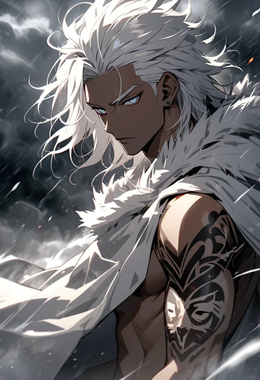 Handsome, solo, 1 male, African man, short wild white hair, silver eyes, no shirt, tattoed gray arms white lion cloak, storm background