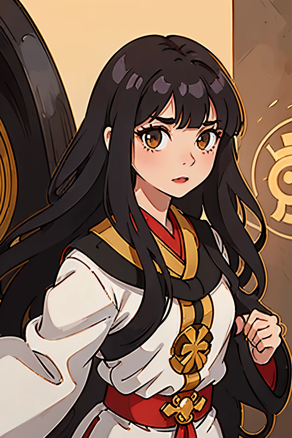 Young woman, black long straight hair, Chinese, emperor&#39;s daughter, golden eyes, white kimono, Red pants, Bow in hand  