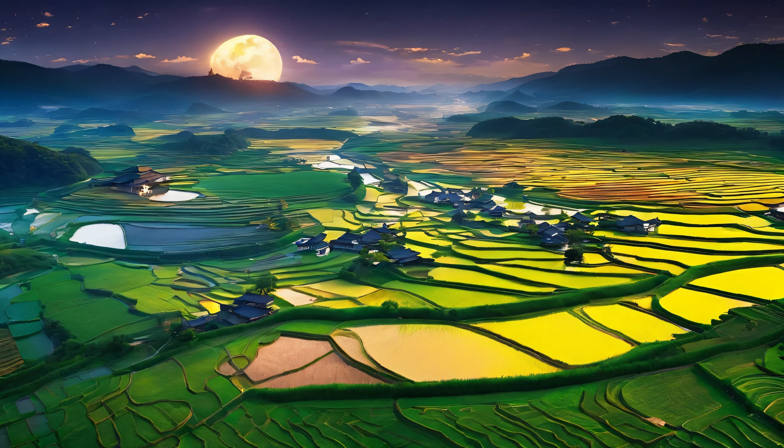 Rice fields in the dark，Chinese country style，A long ditch，On both sides are golden rice fields，There is a reflection of the moon in the ditch，Clear night sky，A small number of clouds，Huge Moon，Clear full moon，Photo-realistic landscapes，angurakei，32kuhd，villagecore，Golden，Ultra-clear realism，Ultra-high-definition picture quality，8K resolution。