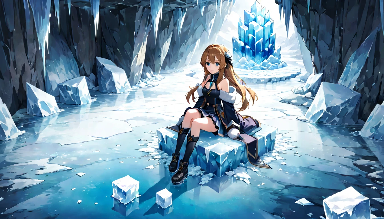anime girl sitting on ice with a lot of ice cubes, anime girl walking on water, wallpaper anime blue water, in an icy cavern, sitting on ice throne, in an icy river, on an icy throne, kantai collection style, beautiful anime artwork, beautiful anime art, digital art on pixiv, trending on artstation pixiv, anime background art
