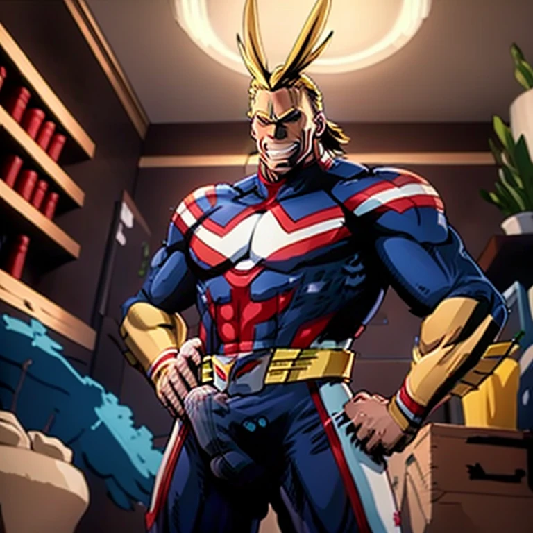 allmight, smile, antenna hair, (erection under clothes:1.2), (solo:1.8),