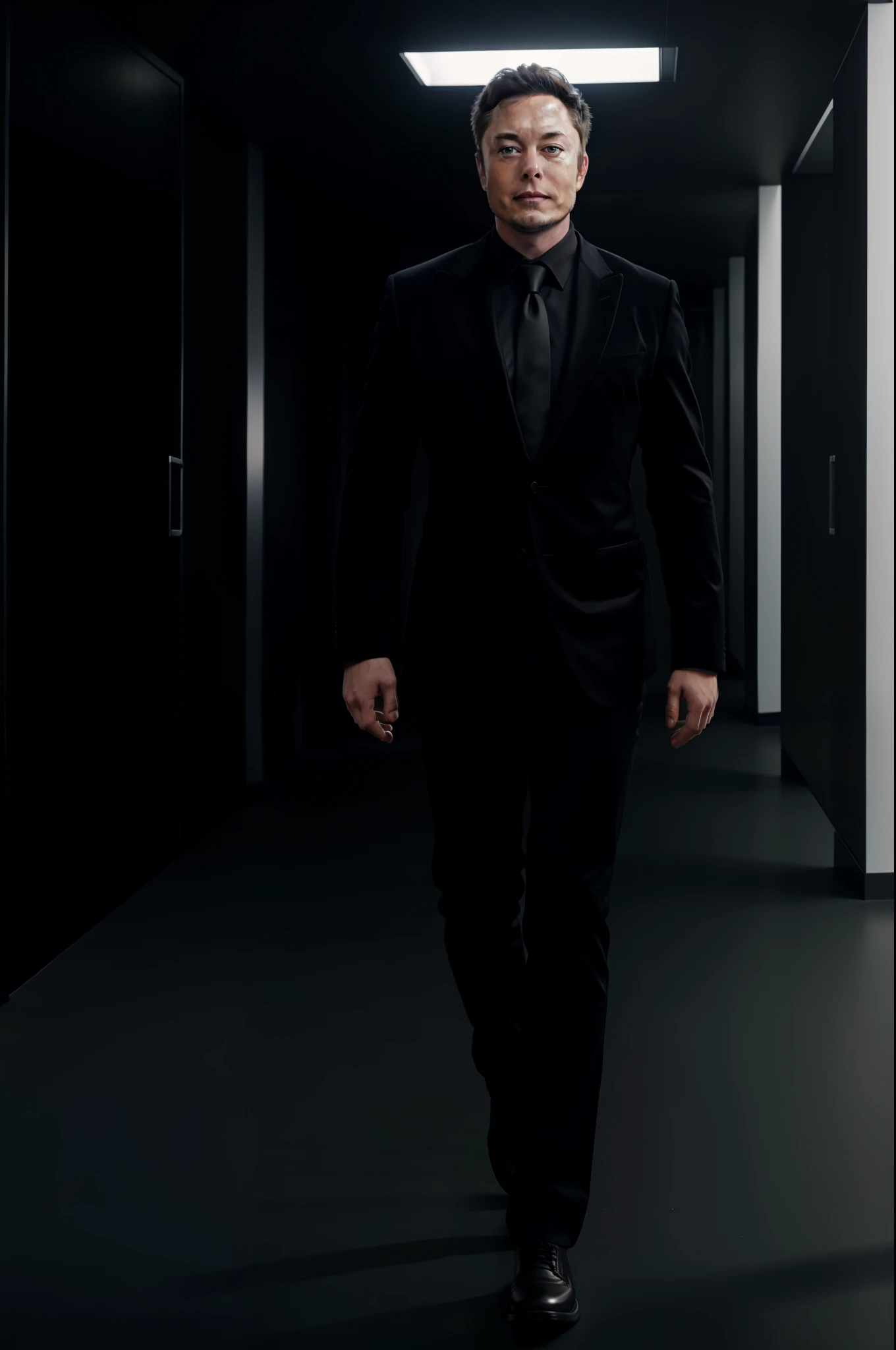 a person that looks like elon musk, dress up in a black suit, walking towards the camera, full body, 8k, 3d, realistic