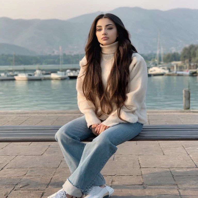 araffe sitting on a bench in front of a body of water, style of julia razumova, casual pose, sitting down casually, flowy hair standing on a rock, sitting on the ground, with long hair, serena malyon, anastasia ovchinnikova, beautiful iranian woman, sitting in front of a lake, dasha taran